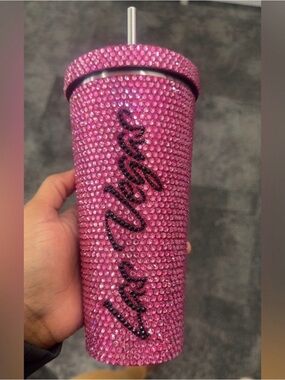 Pink Rhinestone Travel Tumbler with Straw